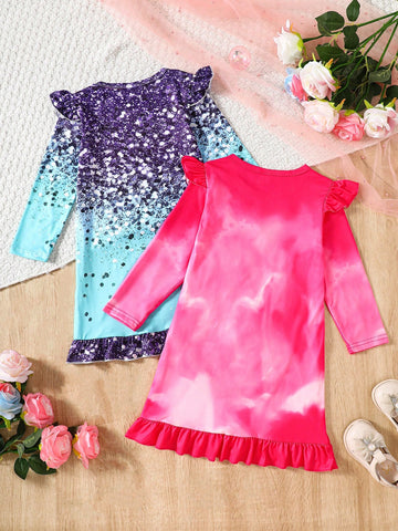 2pcs/Set Young Girl Cute Unicorn Pattern Ruffle Trim Long Sleeve Dress