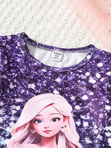 2pcs/Set Young Girl Cute Unicorn Pattern Ruffle Trim Long Sleeve Dress