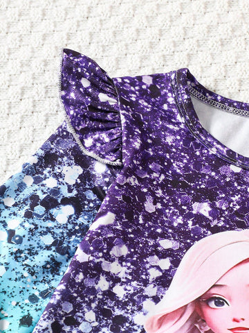 2pcs/Set Young Girl Cute Unicorn Pattern Ruffle Trim Long Sleeve Dress