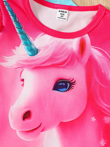 2pcs/Set Young Girl Cute Unicorn Pattern Ruffle Trim Long Sleeve Dress