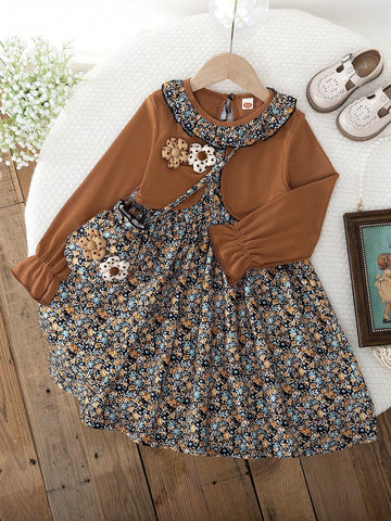 2pcs/Set Young Girl Ditsy Floral 2 In 1 Long Sleeve Dress And Matching Floral Handbag