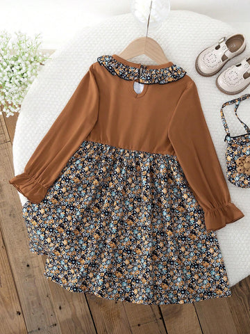 2pcs/Set Young Girl Ditsy Floral 2 In 1 Long Sleeve Dress And Matching Floral Handbag