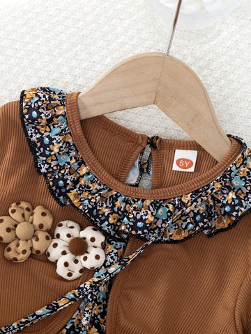 2pcs/Set Young Girl Ditsy Floral 2 In 1 Long Sleeve Dress And Matching Floral Handbag