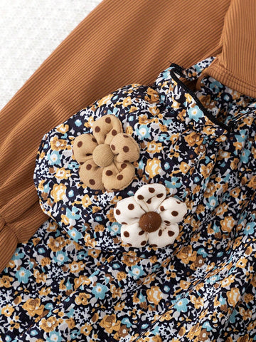 2pcs/Set Young Girl Ditsy Floral 2 In 1 Long Sleeve Dress And Matching Floral Handbag