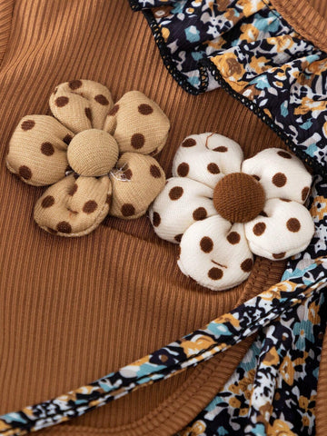 2pcs/Set Young Girl Ditsy Floral 2 In 1 Long Sleeve Dress And Matching Floral Handbag