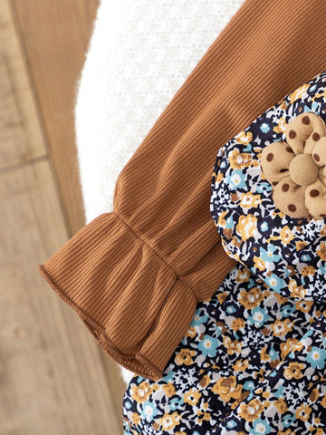 2pcs/Set Young Girl Ditsy Floral 2 In 1 Long Sleeve Dress And Matching Floral Handbag