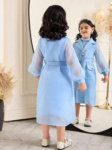 2pcs/Set Young Girl Elegant Lapel Collar Long Sleeve Belted Jacket & Sleeveless Dress Set