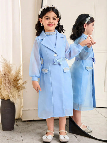 2pcs/Set Young Girl Elegant Lapel Collar Long Sleeve Belted Jacket & Sleeveless Dress Set