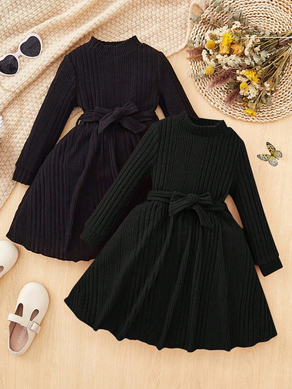 2pcs/Set Young Girl Elegant Solid Color Stand Collar Long Sleeve Dress