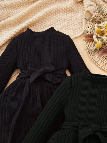 2pcs/Set Young Girl Elegant Solid Color Stand Collar Long Sleeve Dress