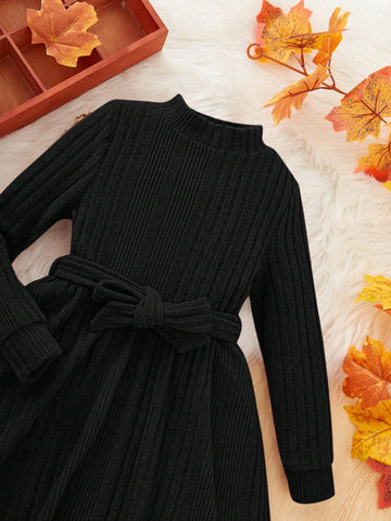 2pcs/Set Young Girl Elegant Solid Color Stand Collar Long Sleeve Dress