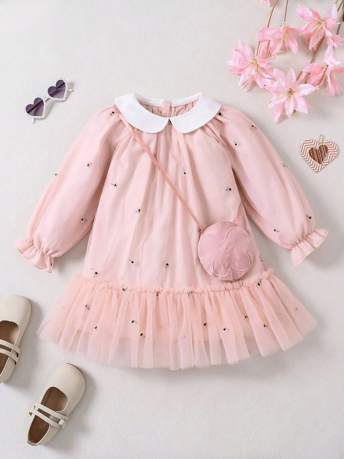 2pcs/Set Young Girl Fashion Floral Embroidered Ruffle Collar Long Sleeve Dress & Sling Bag Set, Suitable For Spring And Autumn
