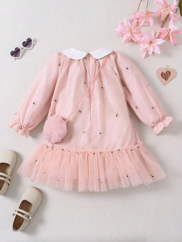 2pcs/Set Young Girl Fashion Floral Embroidered Ruffle Collar Long Sleeve Dress & Sling Bag Set, Suitable For Spring And Autumn