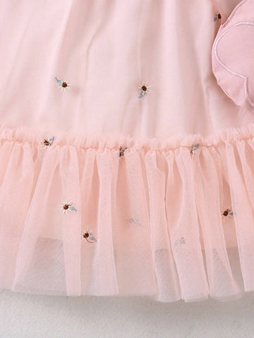 2pcs/Set Young Girl Fashion Floral Embroidered Ruffle Collar Long Sleeve Dress & Sling Bag Set, Suitable For Spring And Autumn