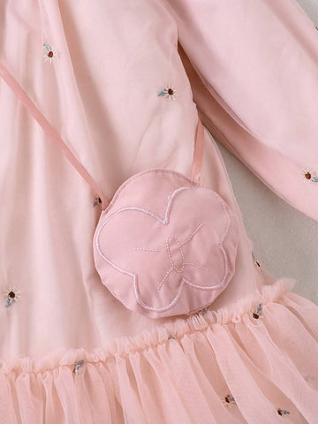 2pcs/Set Young Girl Fashion Floral Embroidered Ruffle Collar Long Sleeve Dress & Sling Bag Set, Suitable For Spring And Autumn