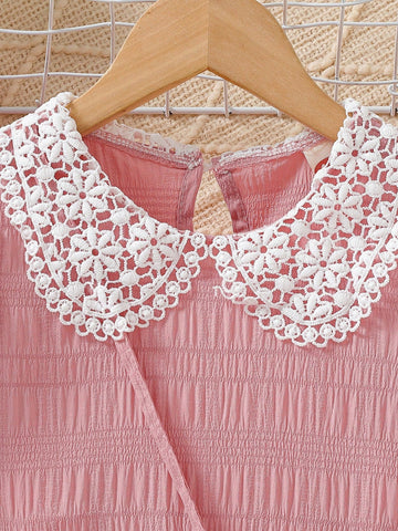 2pcs/Set Young Girl' Fashion Ruffle Collar Puff Sleeve Dress + Matching Minimalist Handbag