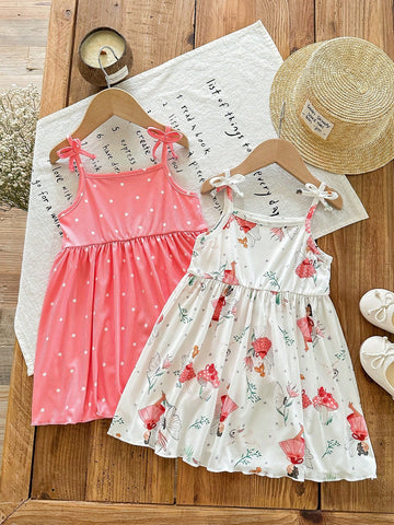 2pcs/Set Young Girl' Fashionable Casual Pink Cartoon Printed Dress