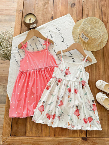 2pcs/Set Young Girl' Fashionable Casual Pink Cartoon Printed Dress