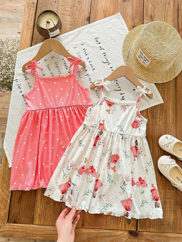 2pcs/Set Young Girl' Fashionable Casual Pink Cartoon Printed Dress