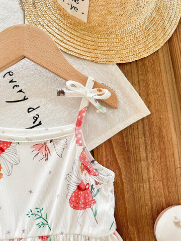 2pcs/Set Young Girl' Fashionable Casual Pink Cartoon Printed Dress