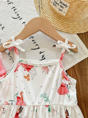 2pcs/Set Young Girl' Fashionable Casual Pink Cartoon Printed Dress