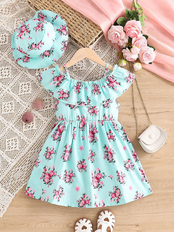 2pcs/Set Young Girl Fashionable Floral Print Off Shoulder Ruffle Hem Dress And Hat Summer Outfit