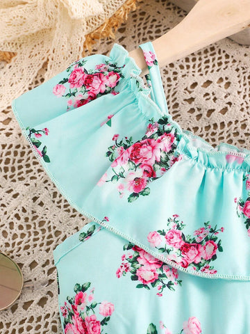 2pcs/Set Young Girl Fashionable Floral Print Off Shoulder Ruffle Hem Dress And Hat Summer Outfit