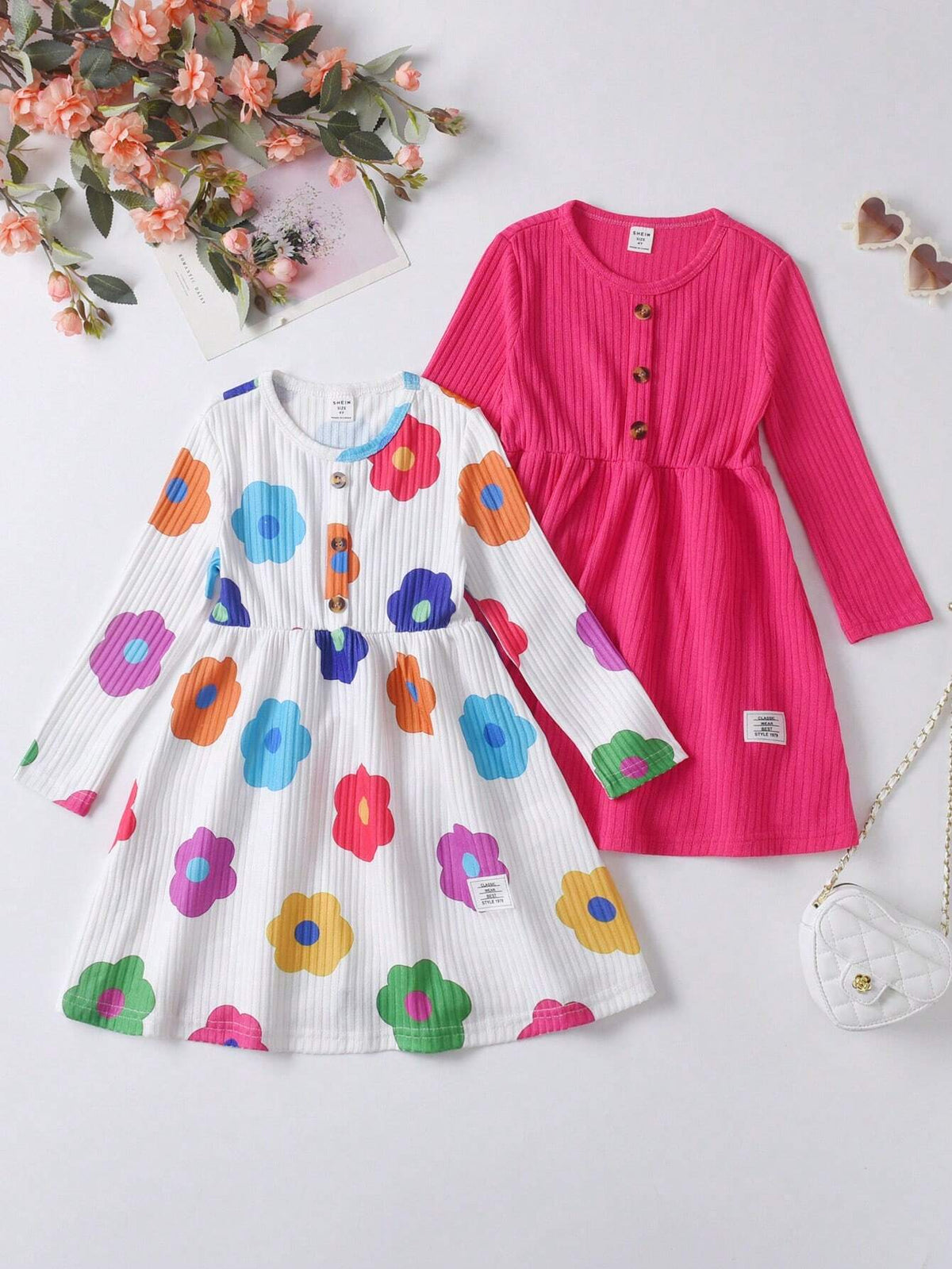 2pcs/Set Young Girl Flower Print Decorated Button Casual Dress, Including 1pc Dusty Rose Dress, Cute And Casual, Fit For Autumn & Winter New Arrival