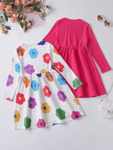 2pcs/Set Young Girl Flower Print Decorated Button Casual Dress, Including 1pc Dusty Rose Dress, Cute And Casual, Fit For Autumn & Winter New Arrival