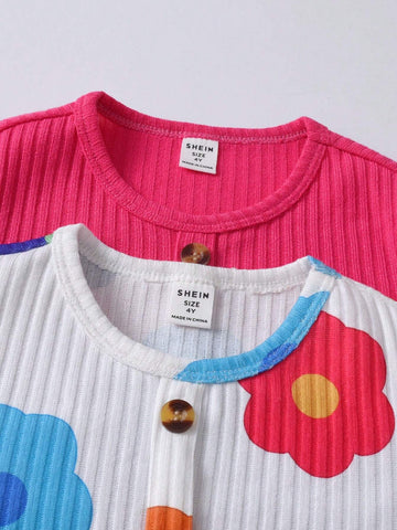 2pcs/Set Young Girl Flower Print Decorated Button Casual Dress, Including 1pc Dusty Rose Dress, Cute And Casual, Fit For Autumn & Winter New Arrival