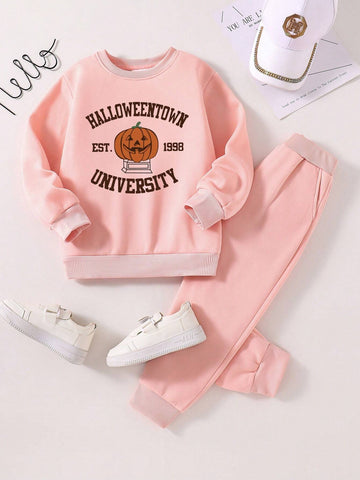2pcs/Set Young Girl Funny Slogan Pumpkin Smiling Face Print Hoodie And Sweatpants Casual Set, Autumn Winter