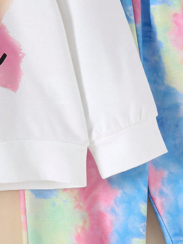 2pcs/Set Young Girl Graphic Print Hoodie And Tie Dye Sweatpants Set 2024 New Autumn Winter Casual Comfy