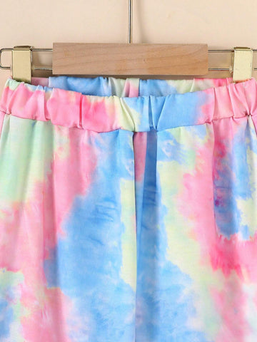 2pcs/Set Young Girl Graphic Print Hoodie And Tie Dye Sweatpants Set 2024 New Autumn Winter Casual Comfy