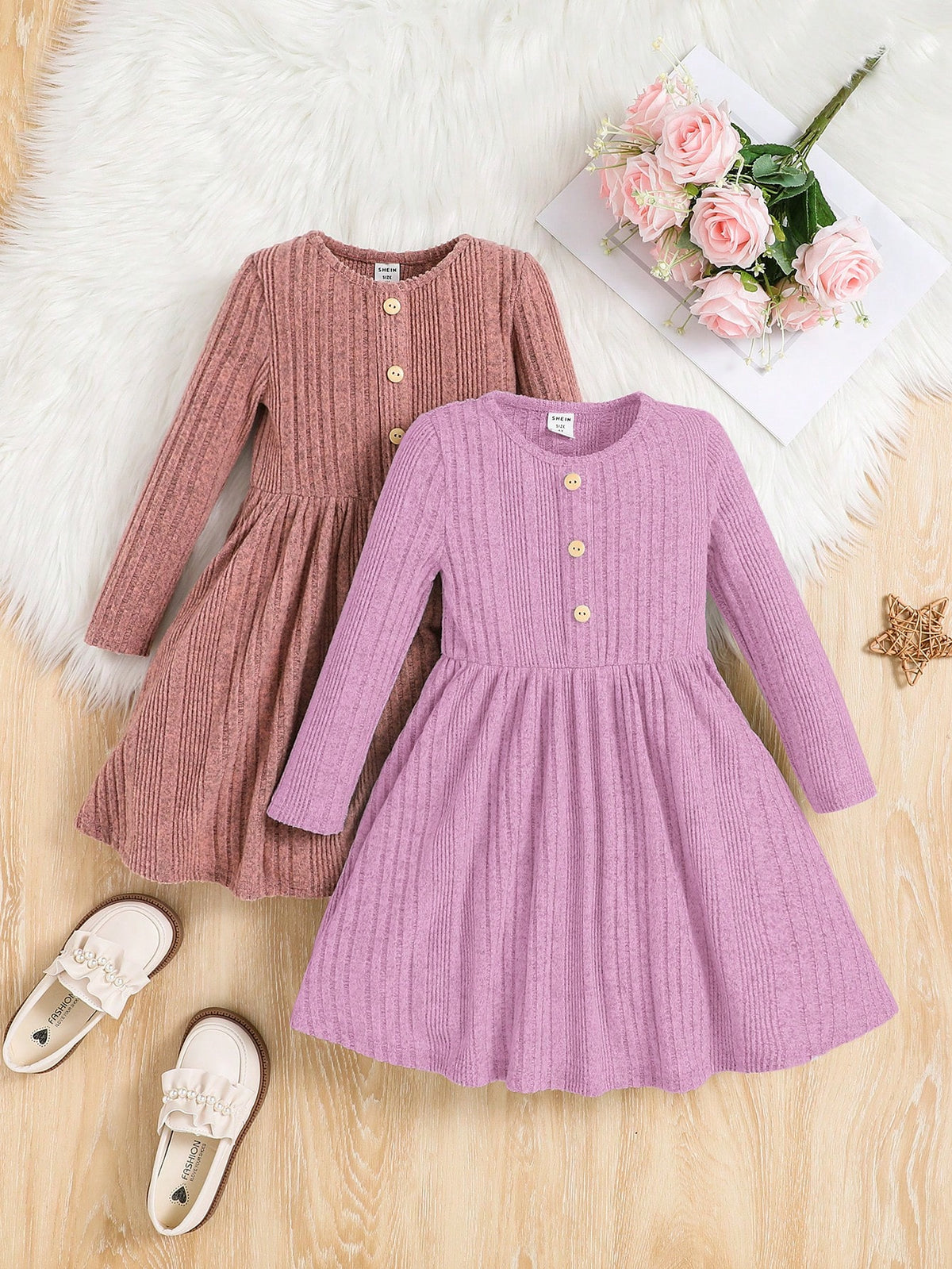 2pcs/Set Young Girl Kid Girl Solid Color Round Neck Fitted Casual Knit Dress