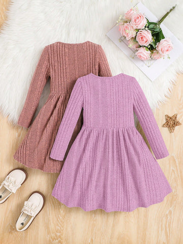 2pcs/Set Young Girl Kid Girl Solid Color Round Neck Fitted Casual Knit Dress