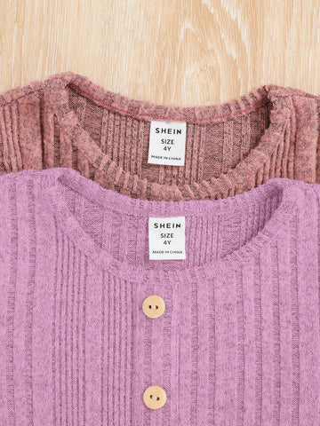 2pcs/Set Young Girl Kid Girl Solid Color Round Neck Fitted Casual Knit Dress