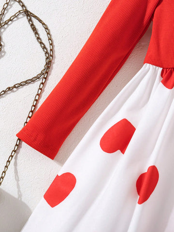 2pcs/Set Young Girl Knitted Heart Pattern Collar Ruffle Top + Solid Color Knitted Skirt, Suitable For Autumn/Winter