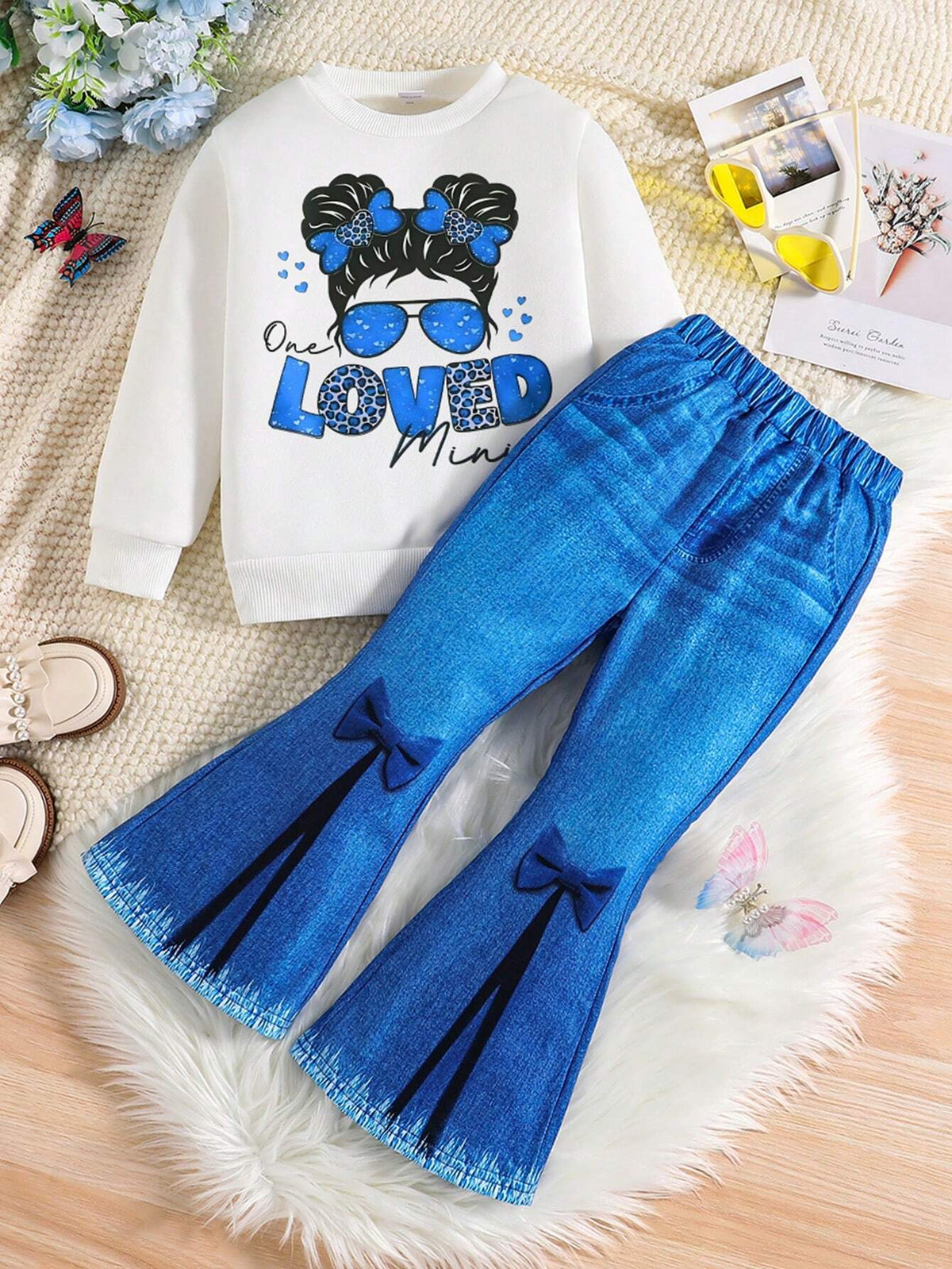 2pcs/Set Young Girl Letter Print Warm Lining Sweatshirt And Flared Pants Set