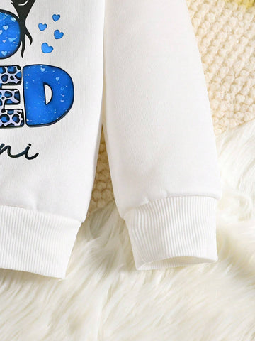 2pcs/Set Young Girl Letter Print Warm Lining Sweatshirt And Flared Pants Set