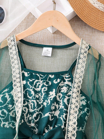 2pcs/Set Young Girl Outdoor Casual Chinese Style Thin Mesh Hollow Jacket And Floral Print Sleeveless A-Line Dress