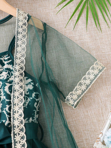 2pcs/Set Young Girl Outdoor Casual Chinese Style Thin Mesh Hollow Jacket And Floral Print Sleeveless A-Line Dress