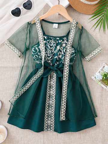 2pcs/Set Young Girl Outdoor Casual Chinese Style Thin Mesh Hollow Jacket And Floral Print Sleeveless A-Line Dress