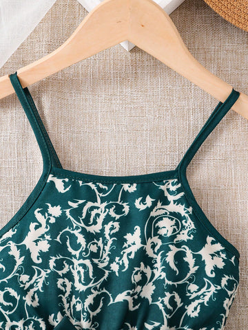 2pcs/Set Young Girl Outdoor Casual Chinese Style Thin Mesh Hollow Jacket And Floral Print Sleeveless A-Line Dress