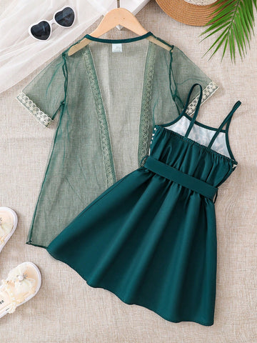 2pcs/Set Young Girl Outdoor Casual Chinese Style Thin Mesh Hollow Jacket And Floral Print Sleeveless A-Line Dress