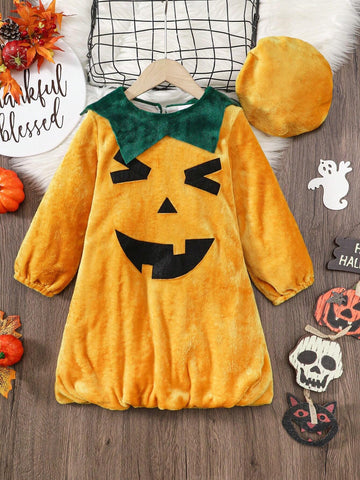 2pcs/Set Young Girl Pumpkin Shaped Dress With Hat, Halloween Outfit With Ruffle Hem