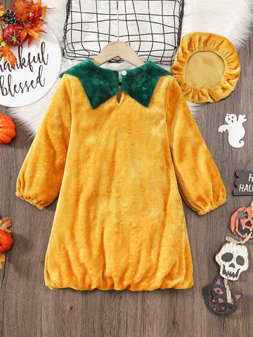 2pcs/Set Young Girl Pumpkin Shaped Dress With Hat, Halloween Outfit With Ruffle Hem
