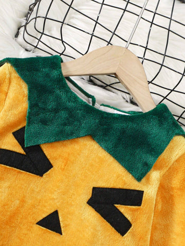 2pcs/Set Young Girl Pumpkin Shaped Dress With Hat, Halloween Outfit With Ruffle Hem