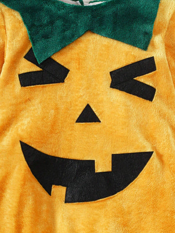 2pcs/Set Young Girl Pumpkin Shaped Dress With Hat, Halloween Outfit With Ruffle Hem