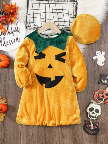 2pcs/Set Young Girl Pumpkin Shaped Dress With Hat, Halloween Outfit With Ruffle Hem