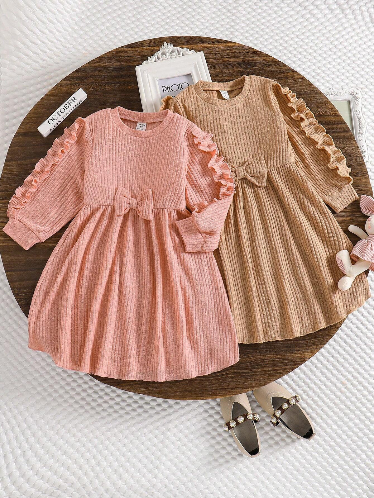 2pcs/Set Young Girl Ribbed Texture Splicing Ruffle Hem Bow Decor Solid Color Dress